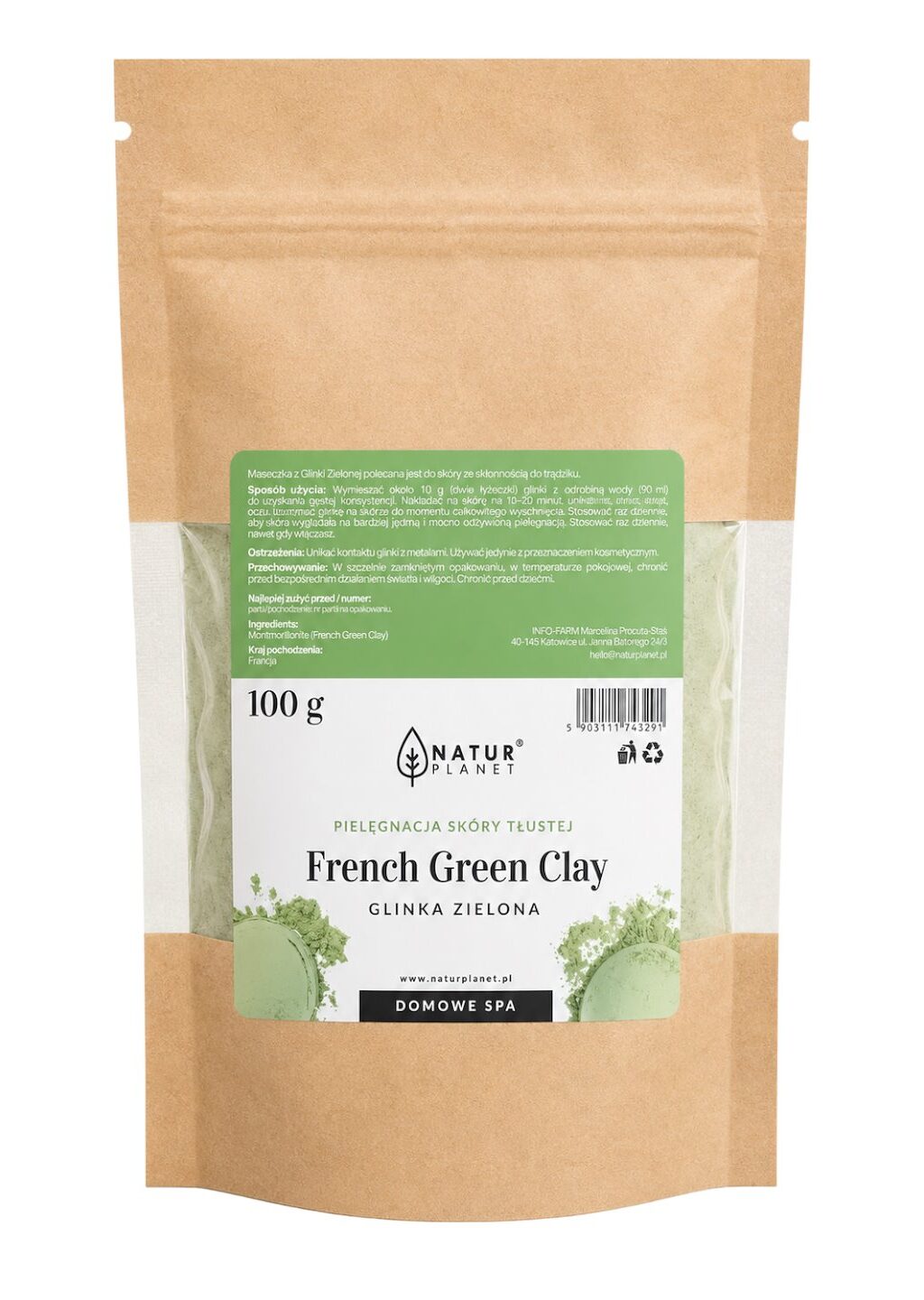 Glinka oryginalna francuska - Zielona 100g NATUR PLANET