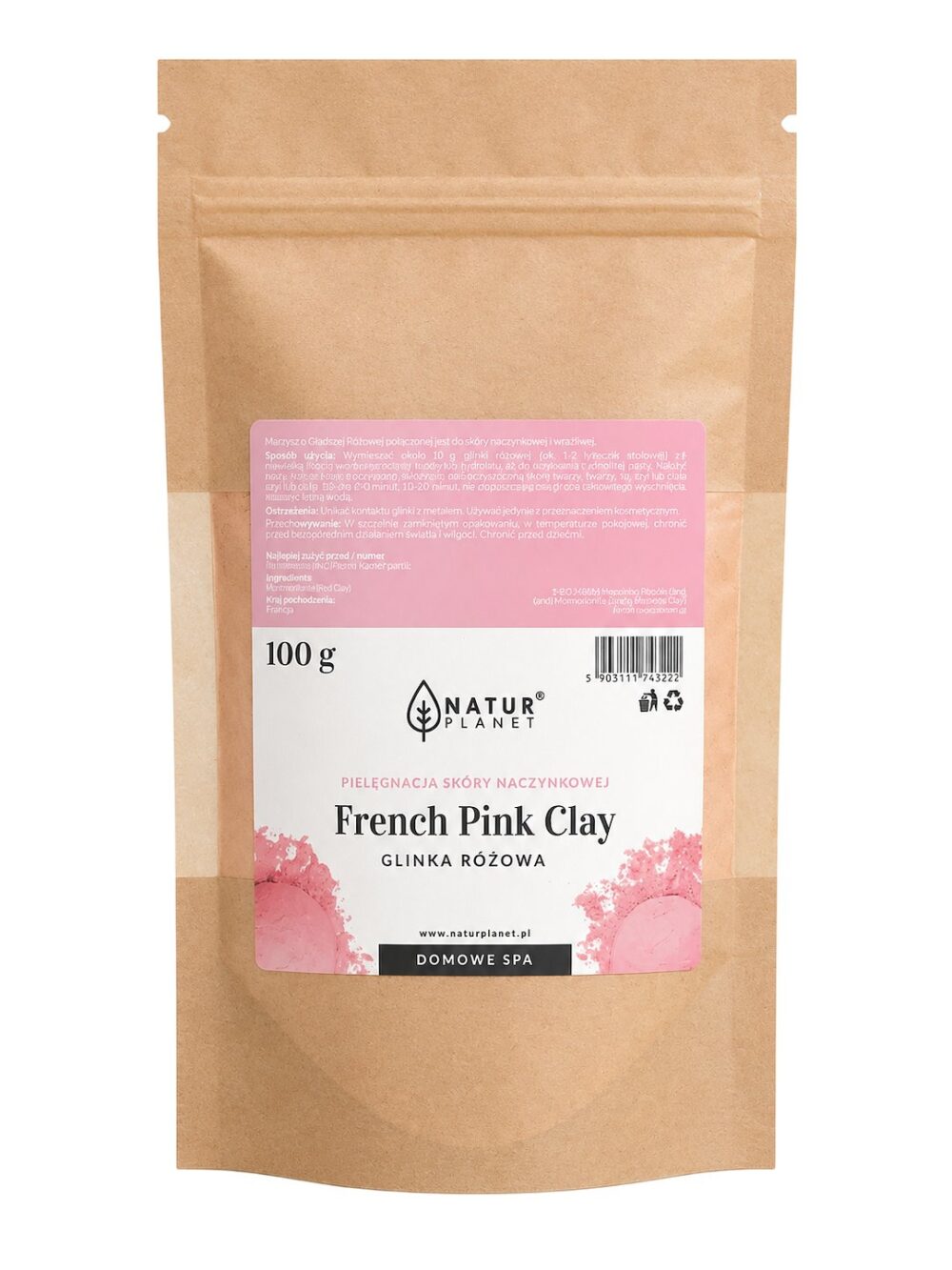 Glinka oryginalna francuska - Różowa 100g NATUR PLANET