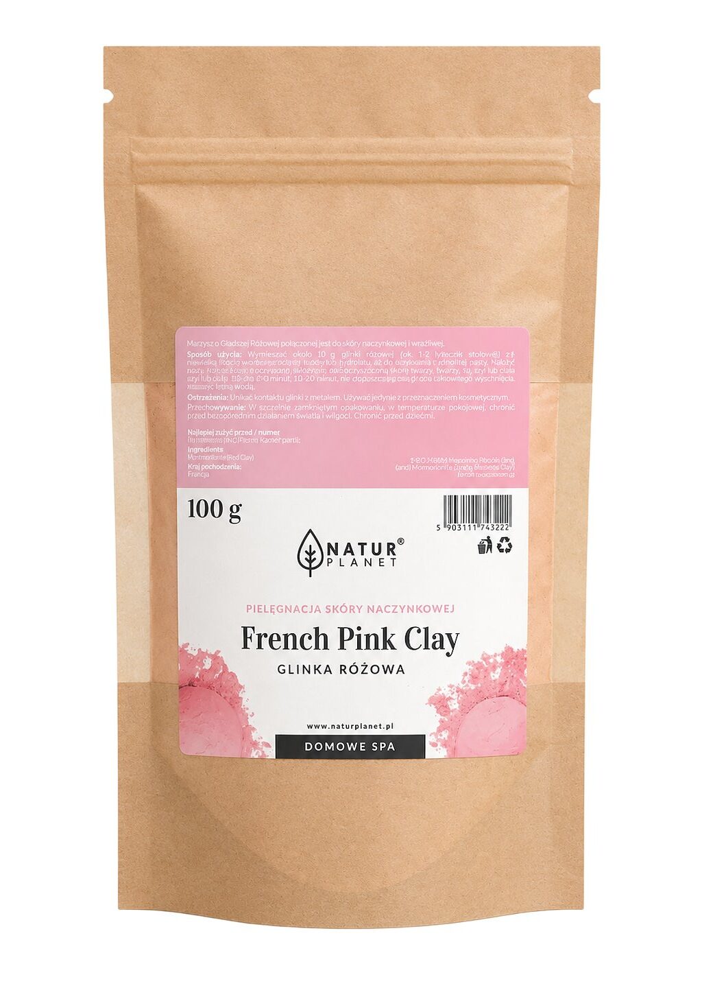 Glinka oryginalna francuska - Różowa 100g NATUR PLANET